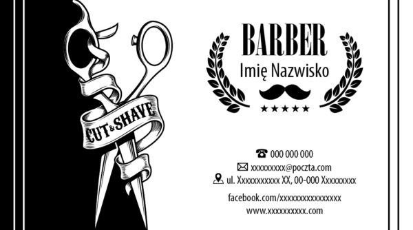 Wizytówka barber, salon fryzjerski, czarno biała, szybka realizacja